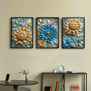 Random Blue & Beige 3 Pieces Synthetic Wood Floral and Botanical Wall Paintings