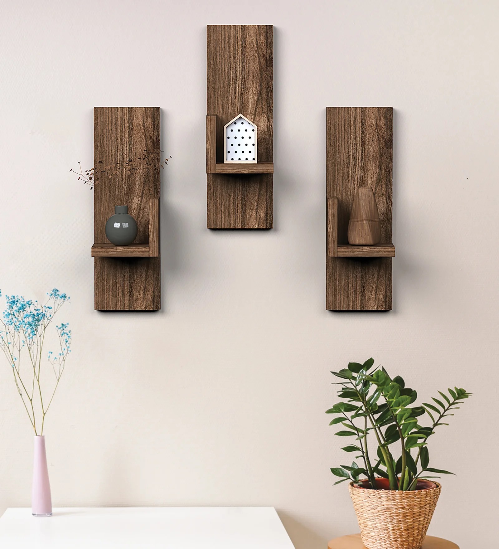 Random Wooden Planter Stand with 4 Space Stylish Shape Planter Stand Wall D?cor for Home, Living Room, Kitchen, Office Etc