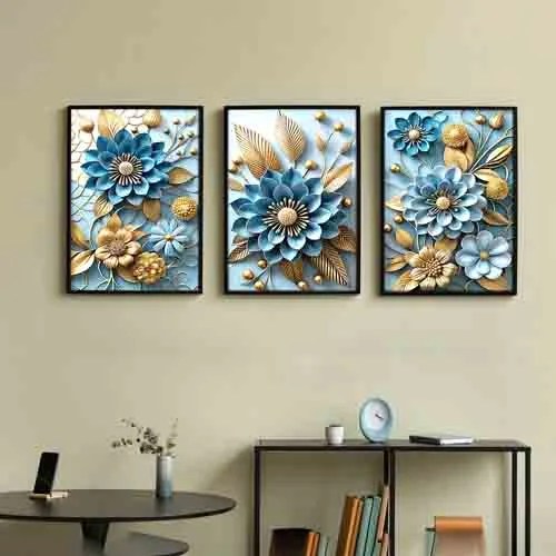 Random Blue & Brown 3 Pieces Floral Printed Painting Wall Art