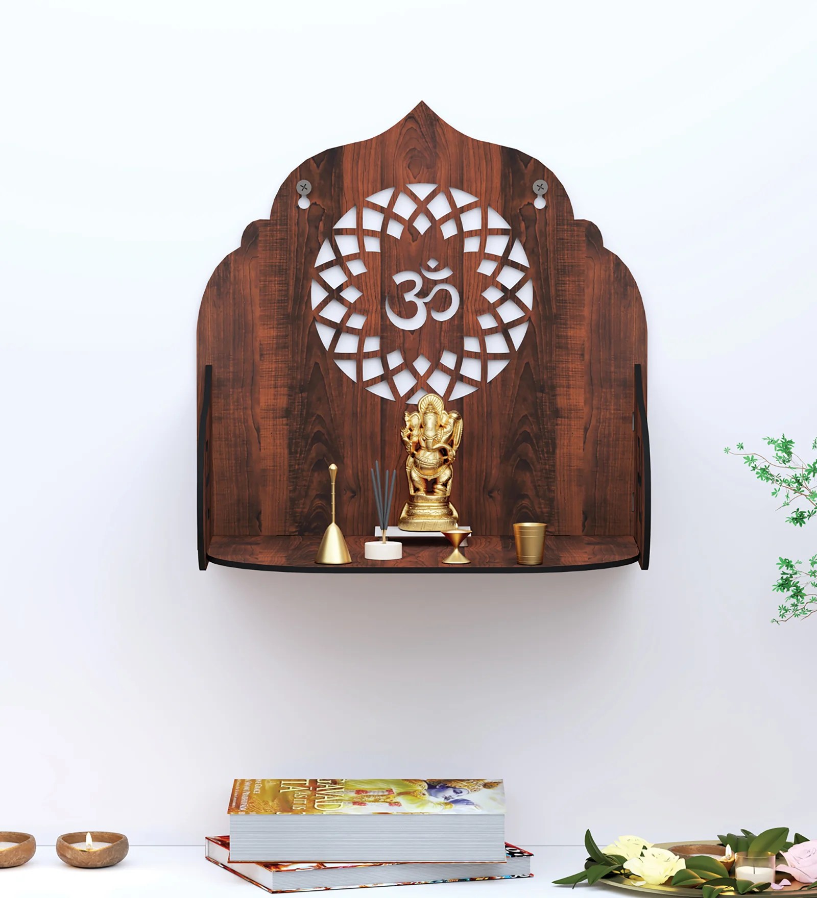 Beautiful Wall-Mounted Wooden Pooja Stand For Office
