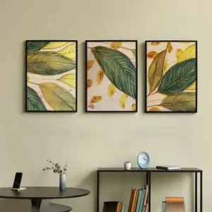 Random Green & Yellow 3 Pieces Synthetic Wood Floral and Botanical Wall Paintings