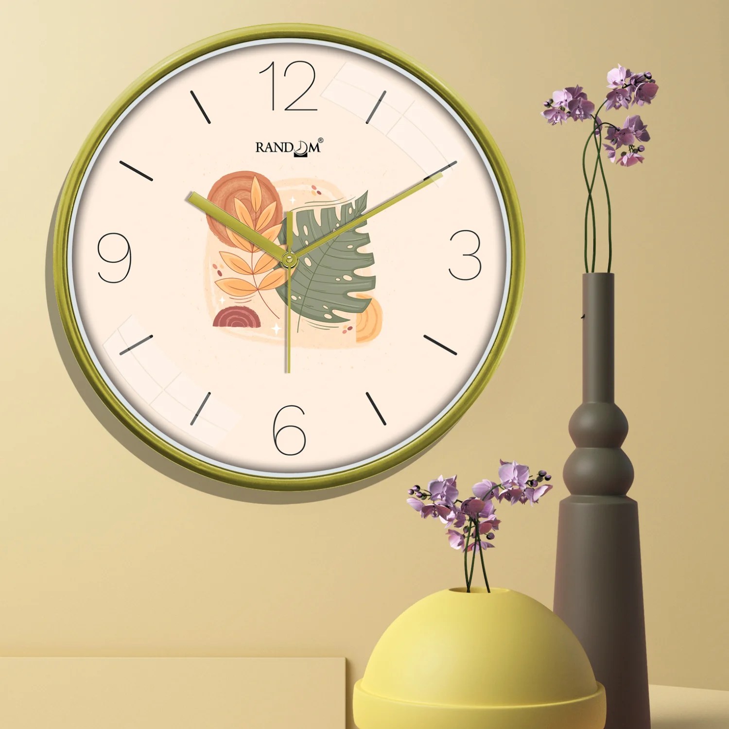 White & Green Printed Round Wall Clock