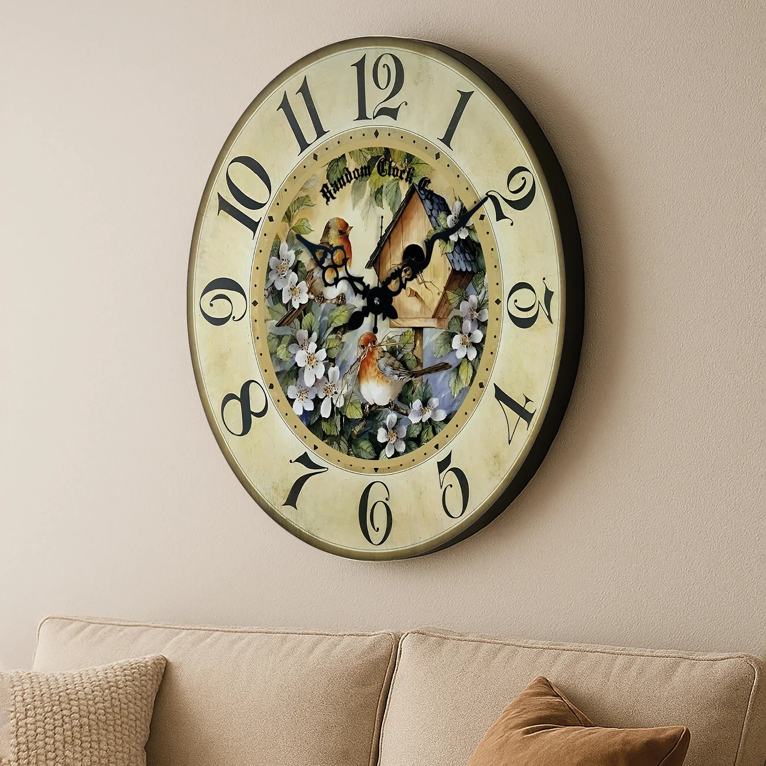 Beige & Black Floral Printed Wall Clock